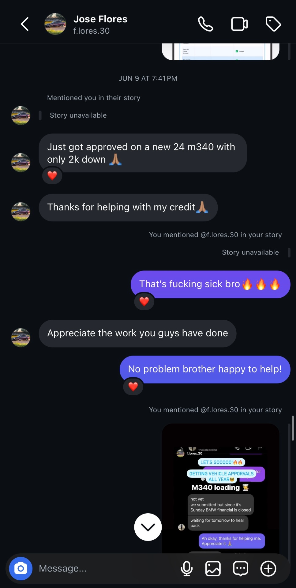 Jose Flores testimonial messages about getting approved for M340 BMW